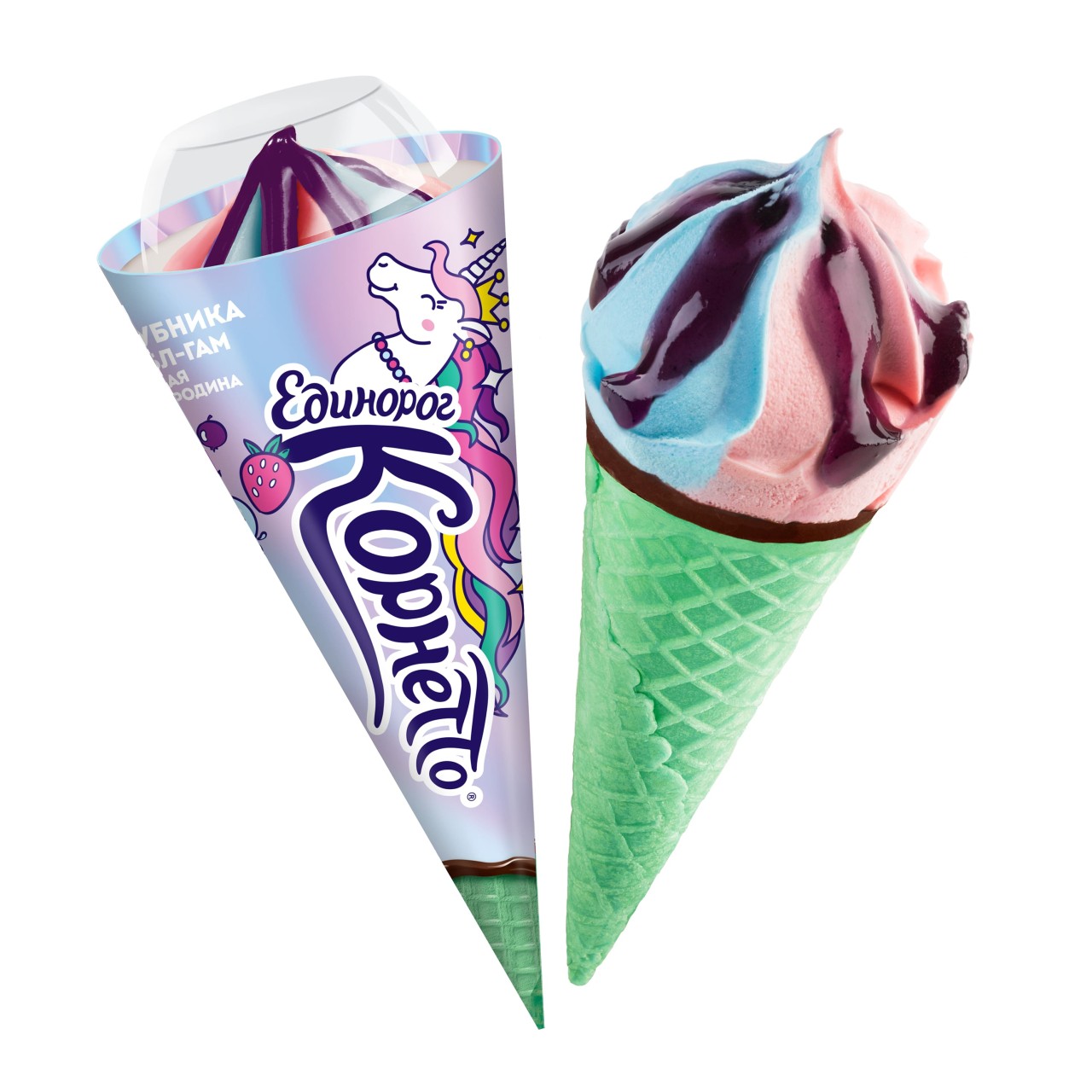 Корнетто мороженое рожок unicornetto единорог клубника, Bubble Gum, чёрная смородина 74 гр