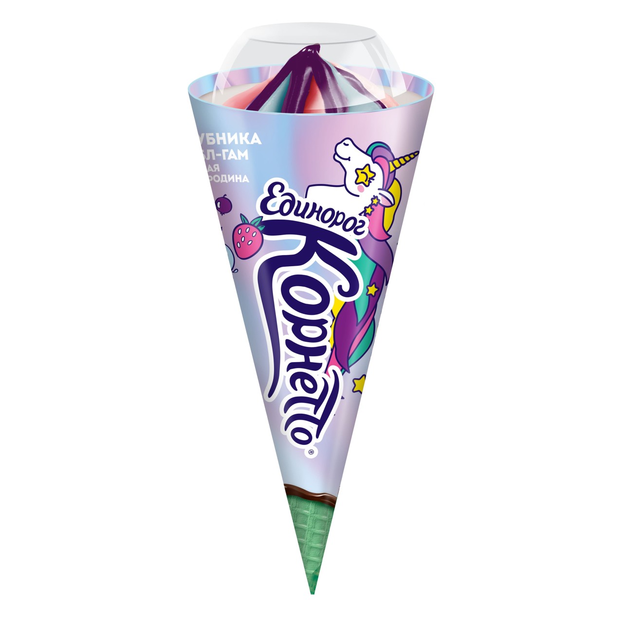 Корнетто мороженое рожок unicornetto единорог клубника, Bubble Gum, чёрная смородина 74 гр