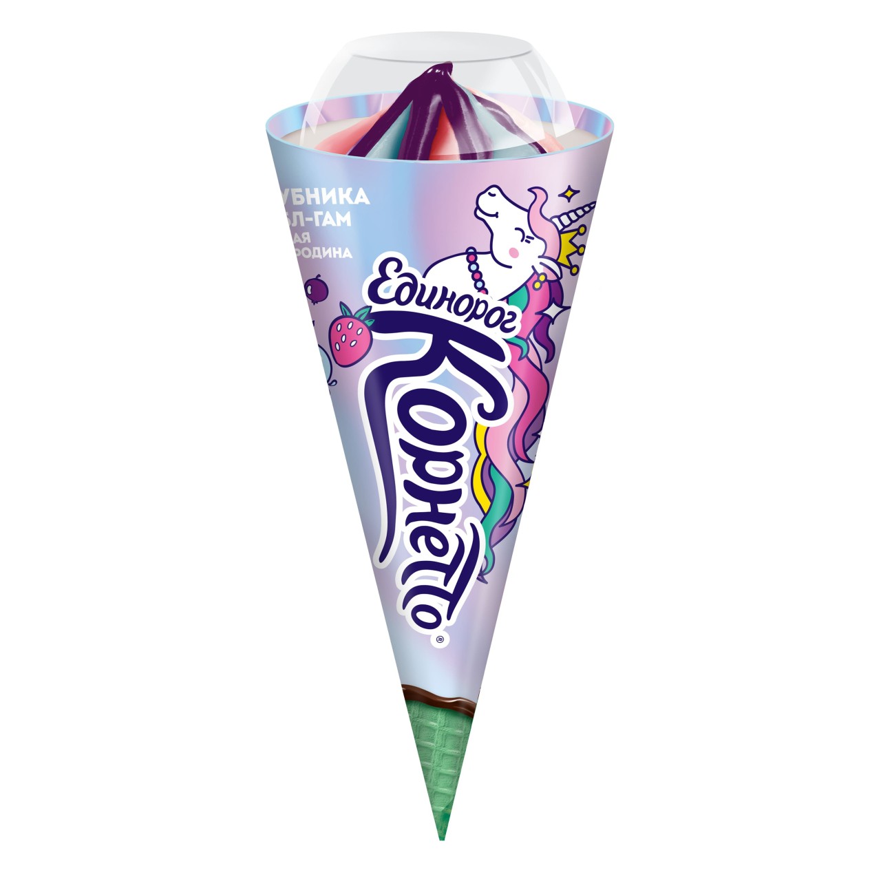 Корнетто мороженое рожок unicornetto единорог клубника, Bubble Gum, чёрная смородина 74 гр