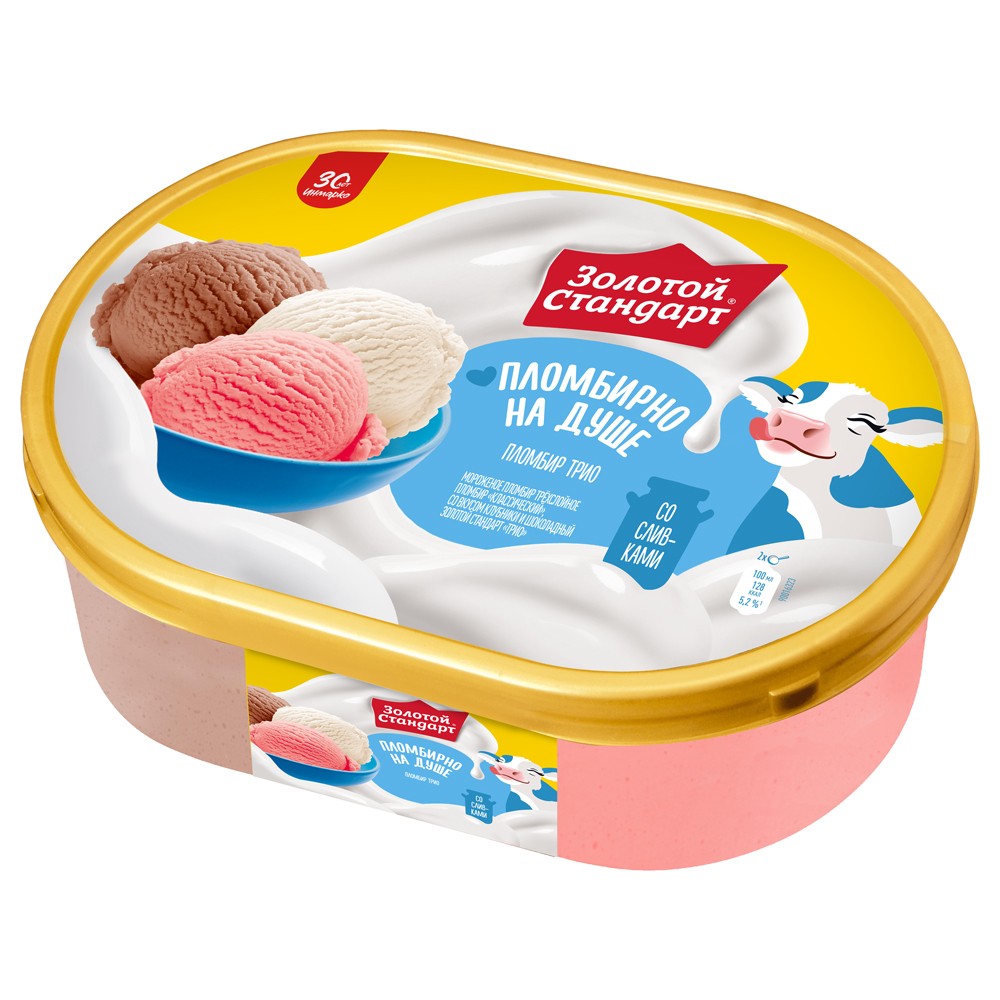 Золотой Стандарт мороженое пломбир в контейнере Трио Шоколад-Вкус сливок-Вкус клубники 445 гр