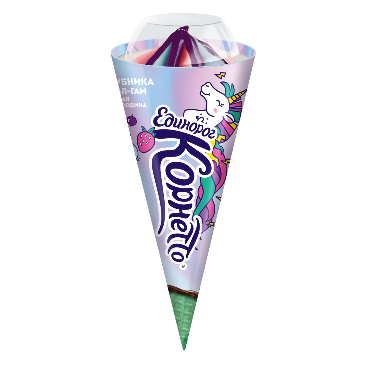 Корнетто мороженое рожок unicornetto единорог клубника, Bubble Gum, чёрная смородина 74 гр