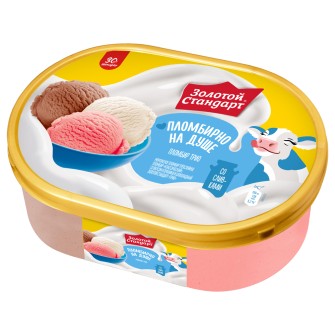 Золотой Стандарт мороженое пломбир в контейнере Трио Шоколад-Вкус сливок-Вкус клубники 445 гр